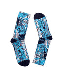 Calcetines azules Luciano Suárez, diseños divertidos azul y celeste, dibujos, moda original, estampados originales tallas reales, ropa favorecedora