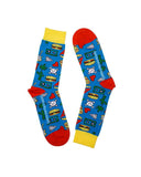 Calcetines azules Marina Molares, diseños divertidos azul rojo y amarillos, dibujos hamburguesa, calavera, cactus, guitarra, moda original, estampados originales tallas reales, ropa favorecedora