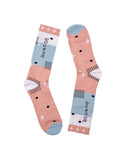 Calcetines Ohcaroool - peSeta, color celeste y rosa, con texto japones y estampado en lunares negros y estrallas blancas. moda original, estampados originales