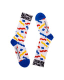 Calcetines Pete Florentini - peSeta, diseño colorido azul rojo y amarillo en fondo blanco, producción local, moda responsable