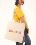 Tote blanco vintage Madrid, algodón orgánico, con estampado Madrid con letras coloridas, auto regalos, estampados textiles, tiendas en Madrid