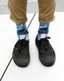 Calcetines azules Luciano Suárez, diseños divertidos azul y celeste, dibujos, moda original, estampados originales tallas reales, ropa favorecedora