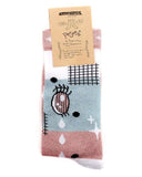 Calcetines Ohcaroool - peSeta, color celeste y rosa, con texto japones y estampado en lunares negros y estrallas blancas. moda original, estampados originales