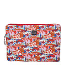 Funda de laptop 13" con estampado original hecha de tejidos de botellas recicladas, estampado Erupción, diseño original colorido como estallido combinados en fondo blanco,  moda sostenible