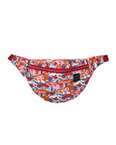 bolso-riñonera erupción con cierre delantero, cinta regulable, estampado original colorido destacando el rojo y naranjas, moda lentita, moda española, marca unisex